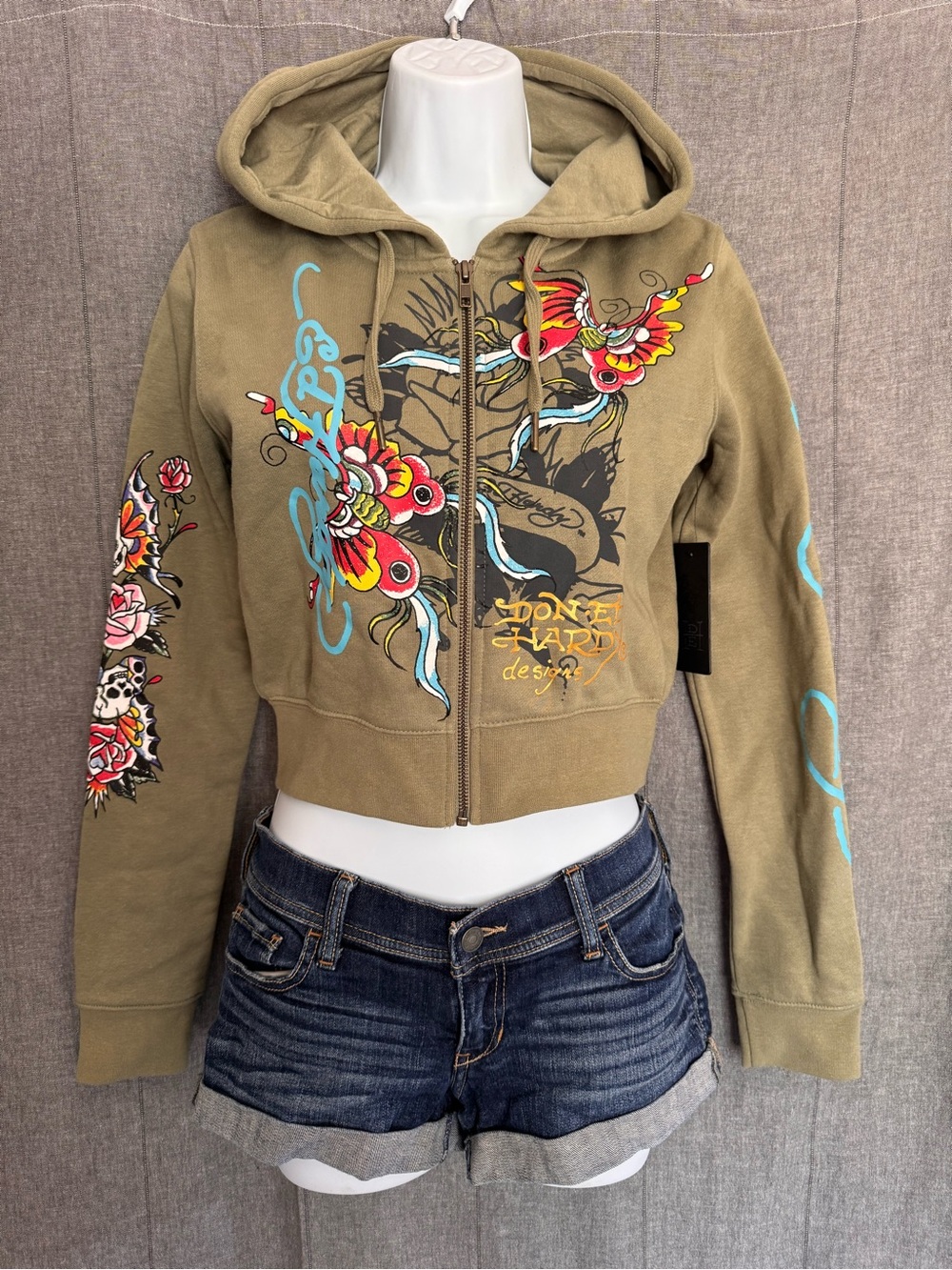 Ed Hardy Y2K Cropped Zip Hoodie Butterfly Tattoo Graphic Olive Green Women’s M